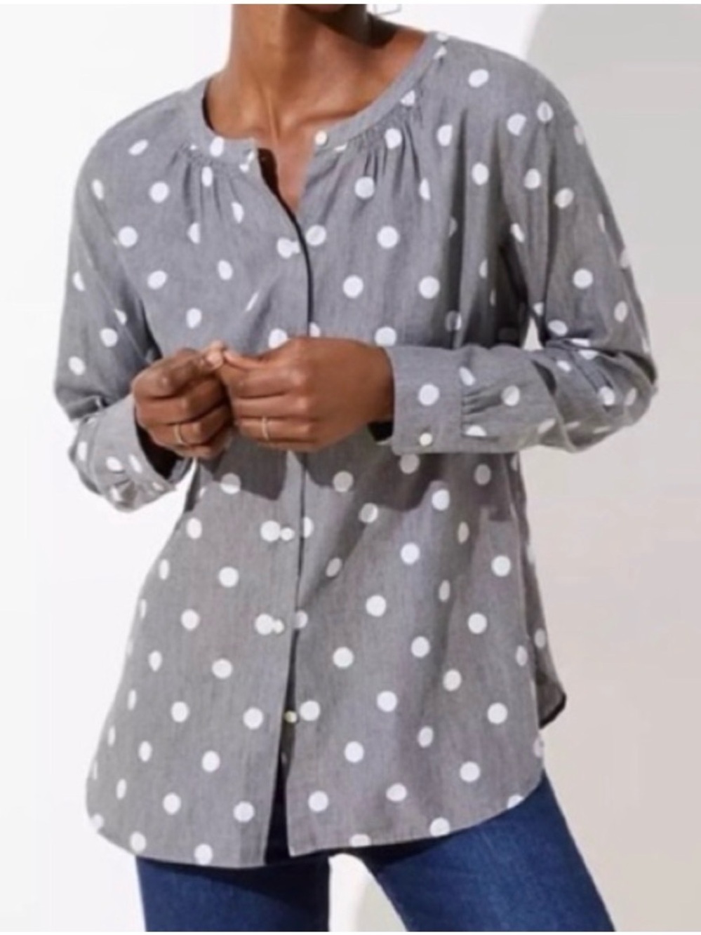LOFT Gray and White Polka Dot Cotton Button-Front Blouse size Small